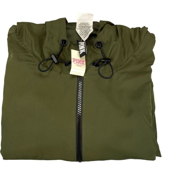 Victoria's Secret PINK Anorak Jacket Womens M Olive Mesh Lined Hooded Full Zip - Picture 16 of 16